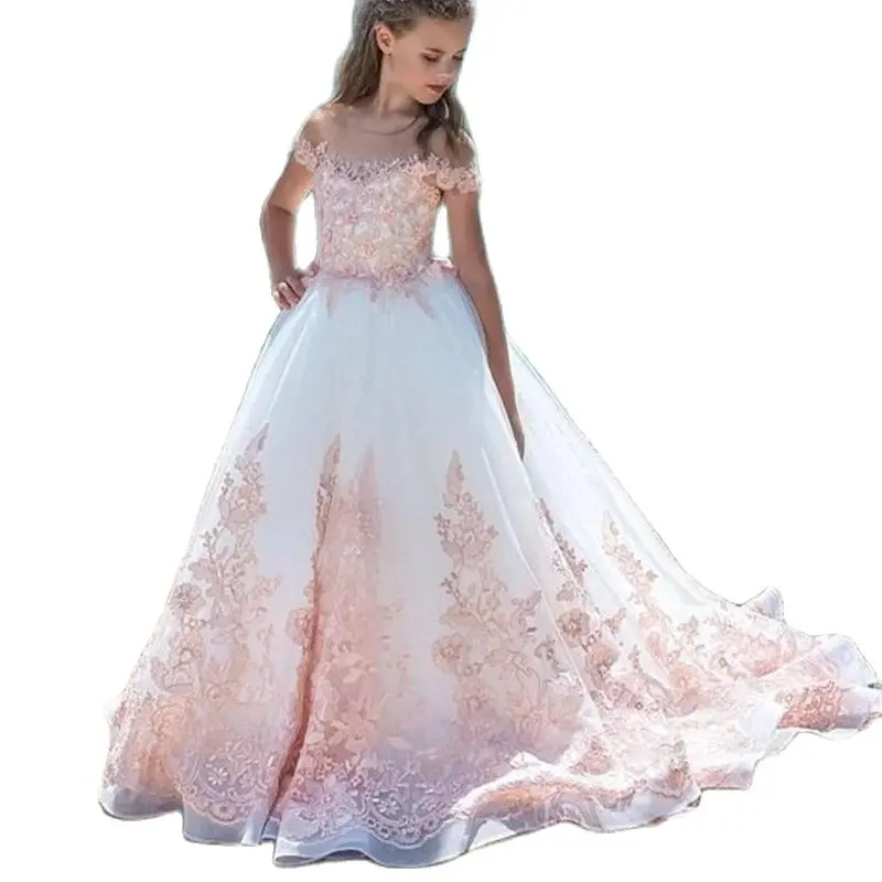 

New Lace Flower Girl Dresses Pageant With Blush Pink Applique A Line Sheer Neck Sweep Train Teens Birthday Party Communion Gowns