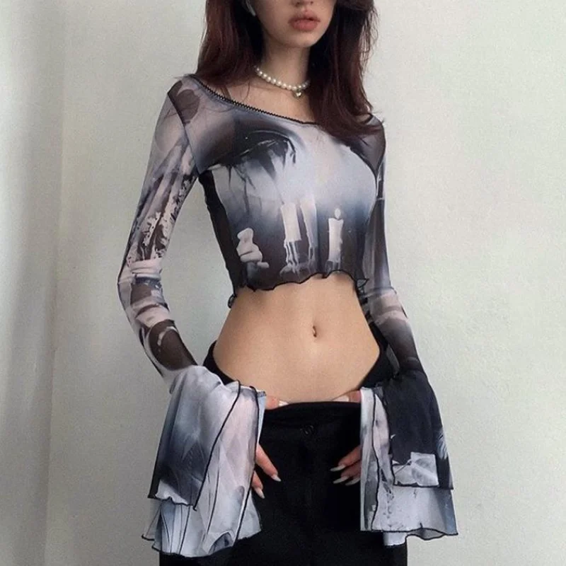 

Sexy Dark Punk Aesthetic Print Y2k Mesh Women Crop Tops Gothic Flare Sleeve See Through T-shirts Emo Lettuce Hem Goth Streetwear