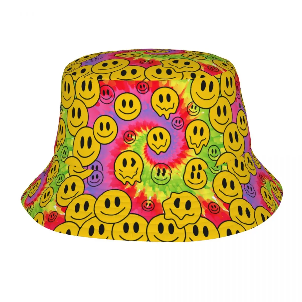 

Crazy Tie Dye Melt Smile Faces Bucket Hat Vocation Getaway Headwear Merch Trippy Fishing Cap for Outdoor Women Men Bob Hat