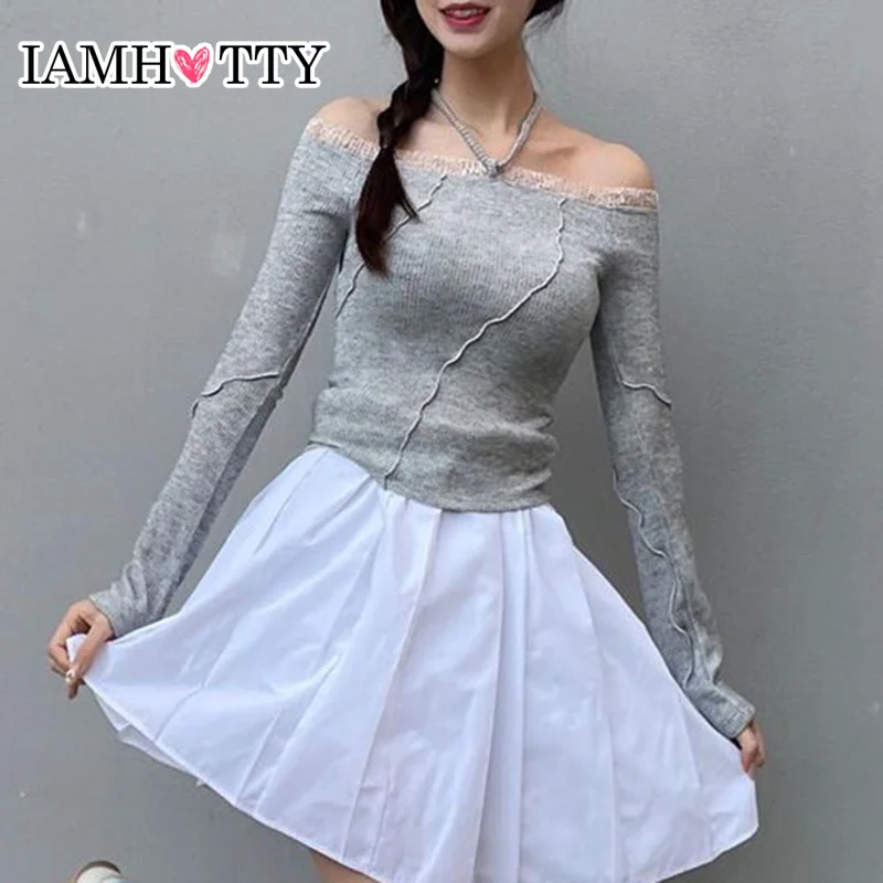 IAMHOTTY Sweet Lace Patchwork Top Grey Casual Basic Reverse Thread Slash Neck Halter Tops Korean Fashion Cute Clothes Autumn New
IAMHOTTY Sweet Lace Patchwork Top Grey Casual Basic Reverse Thread Slash Neck Halter Tops Korean Fashion Cute Clothes Autumn New