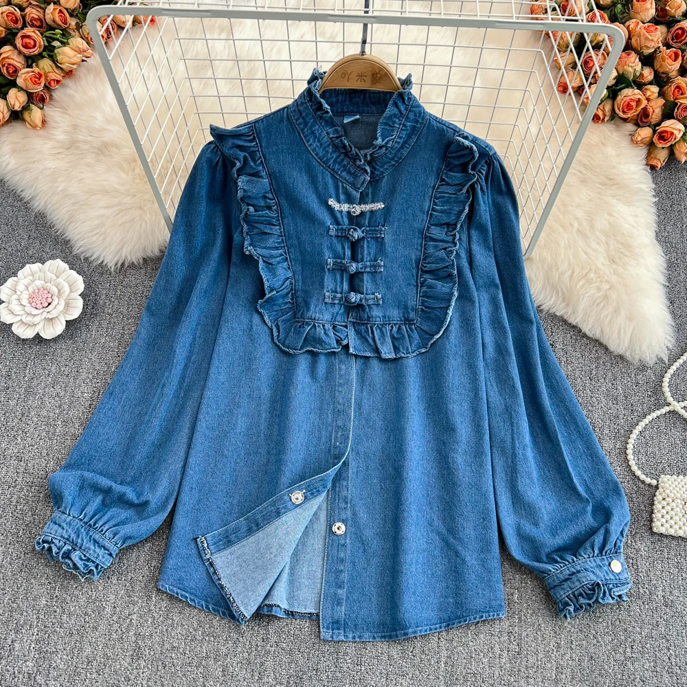 Женская джинсовая рубашка, однобортная рубашка средней длины на пуговицах с длинными рукавами в Корейском стиле, весна 2022 
Женская джинсовая рубашка, однобортная рубашка средней длины на пуговицах с длинными рукавами в Корейском стиле, весна 2022