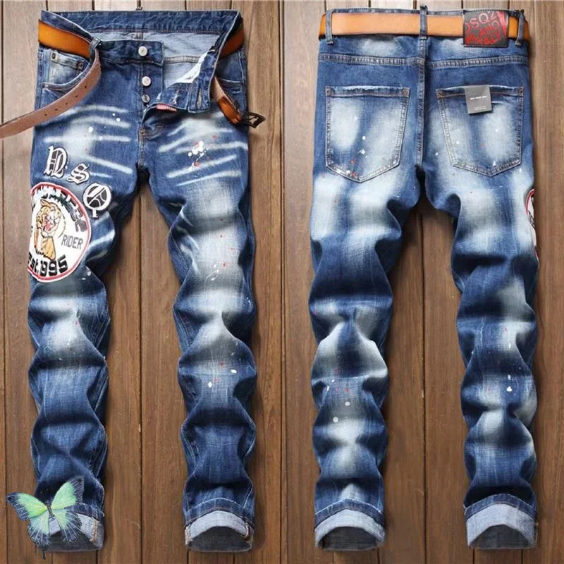 

Button Fly Blue Denim Pants Stretch Paint Spot Decorated DSQ2 Men's Jeans