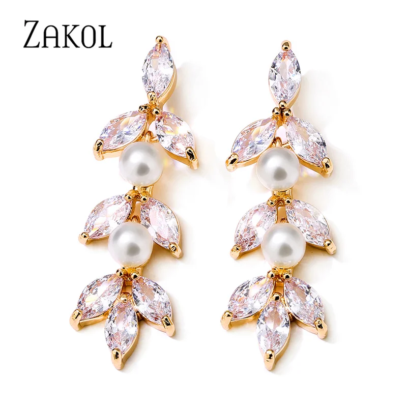 ZAKOL Newest Fashion Round Simulated Pearl Leaf Drop Dangle Earrings for Women Marquis Cut Zircon Bridal Party Jewelry EP1156
ZAKOL Newest Fashion Round Simulated Pearl Leaf Drop Dangle Earrings for Women Marquis Cut Zircon Bridal Party Jewelry EP1156