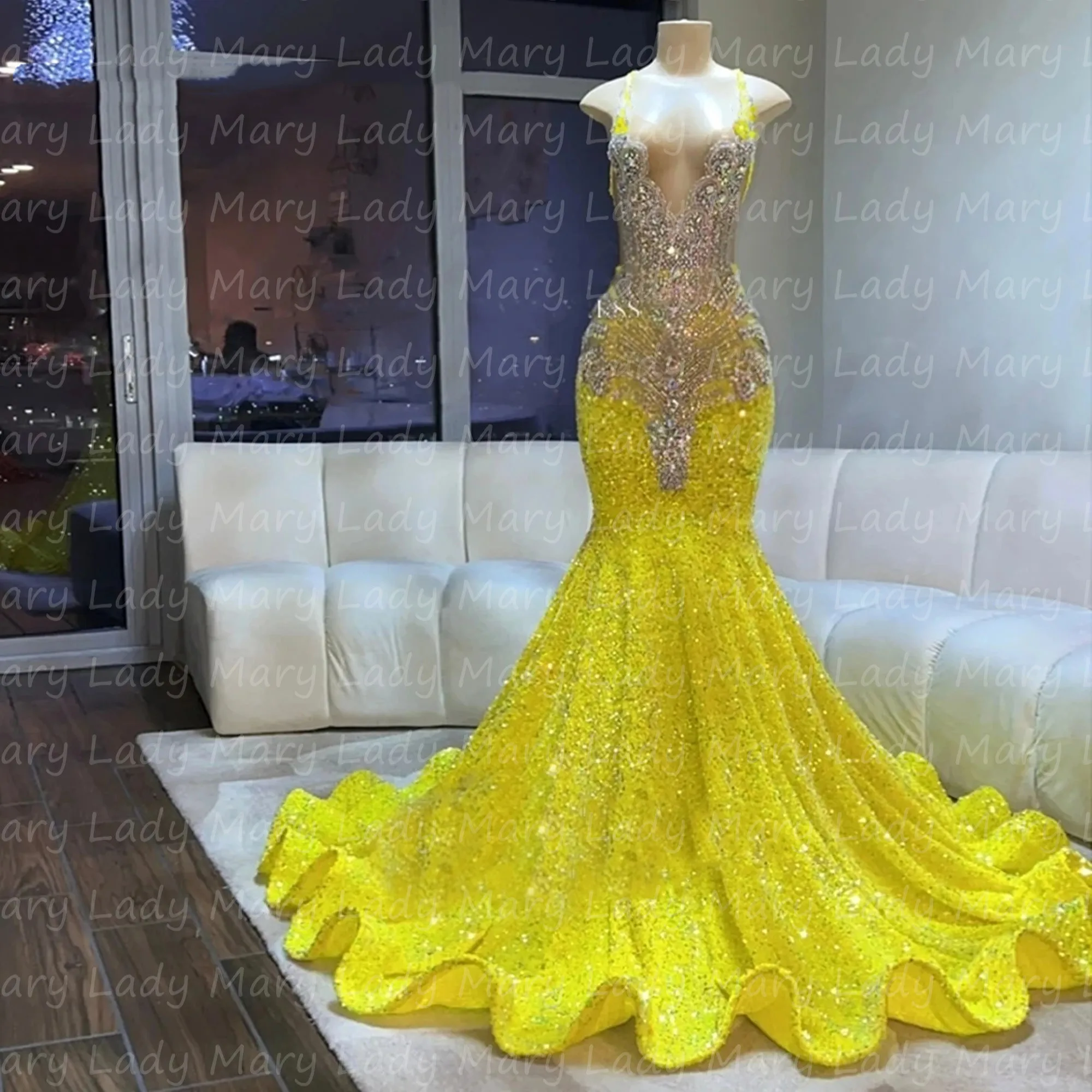 

Shinny Crystal Yellow Prom Dresses 2023 Beads Gorgeous Sequins Girls Formal Evening Gowns Mermaid Designer Graduation Party Robe
