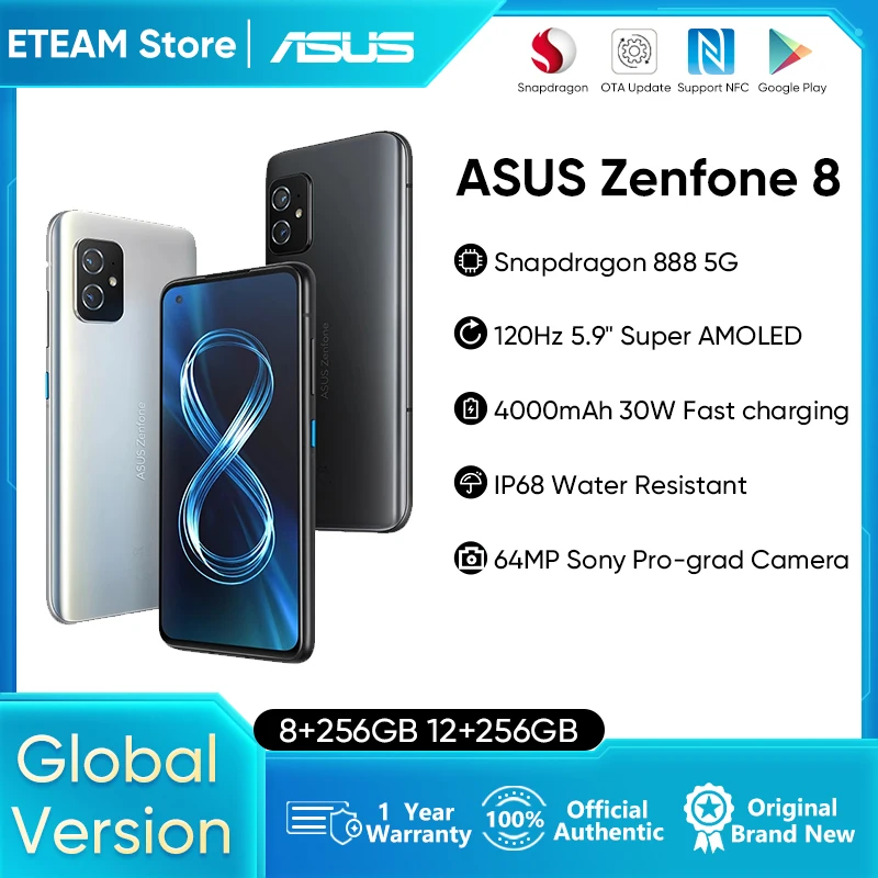 

ASUS Zenfone 8 5G Smartphone Global Version 128GB 256GB Snapdragon 888 5.9'' IP68 Water-Proof Android Mobile Phone NFC