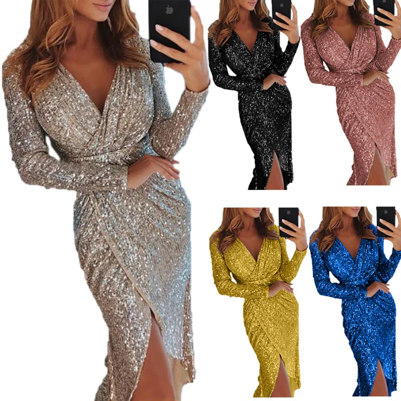 

2023 Gold Sliver Sequined Party Dress Spring Autumn V Neck Long Sleeve Front Split Bodycon Party Vestidos Bling Clubwear OULY-YY