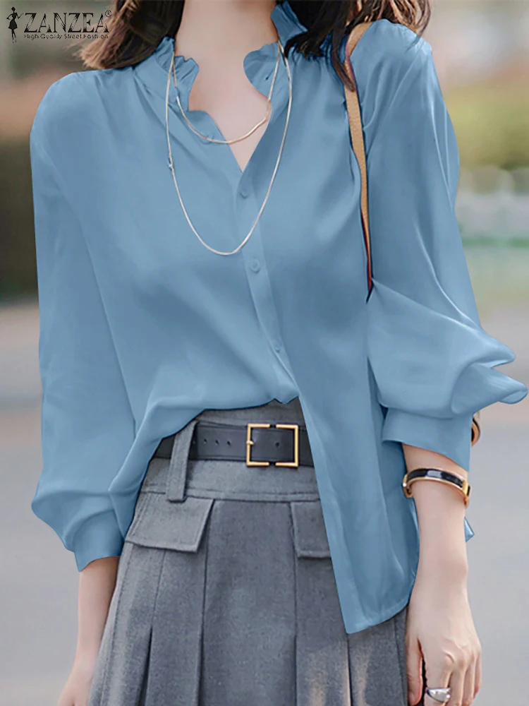 Рубашка ZANZEA женская с воротником-стойкой, Элегантная блузка с оборками, Элегантная сорочка с длинным рукавом, Дамская блузка, стильная одежда для работы в офисе 
Рубашка ZANZEA женская с воротником-стойкой, Элегантная блузка с оборками, Элегантная сорочка с длинным рукавом, Дамская блузка, стильная одежда для работы в офисе