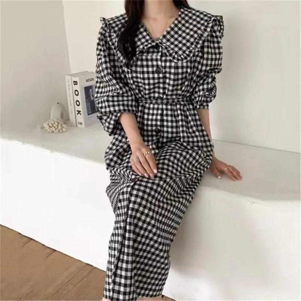Women's Dress Japan Korean Check Print Sweet Fungus Trim Lapel Single-Breasted Dress Temperament Autumn Spring Ladies New 2022 
Women's Dress Japan Korean Check Print Sweet Fungus Trim Lapel Single-Breasted Dress Temperament Autumn Spring Ladies New 2022