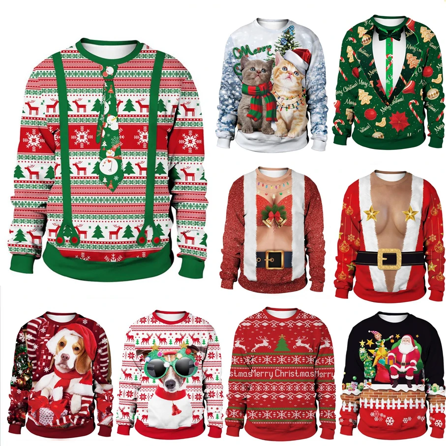

Men Women Ugly Christmas Sweaters Tacky Xmas Jumpers Tops 3D Christmas Tree Snowman Snowflake Reindeer Print Crewneck Sweatshirt