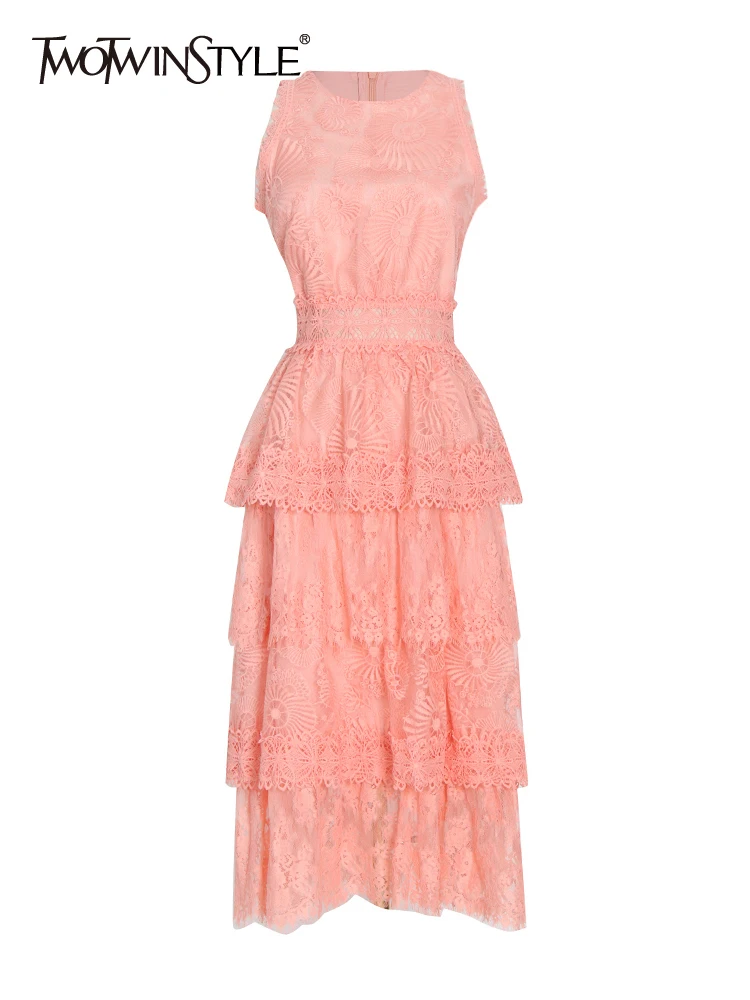 TWOTWINSTYLE Casual Lace Panel Dress For Women Round Neck Sleeveless High Waist Ruffle Hem Midi Dresses Female Fashion Clothing
TWOTWINSTYLE Casual Lace Panel Dress For Women Round Neck Sleeveless High Waist Ruffle Hem Midi Dresses Female Fashion Clothing