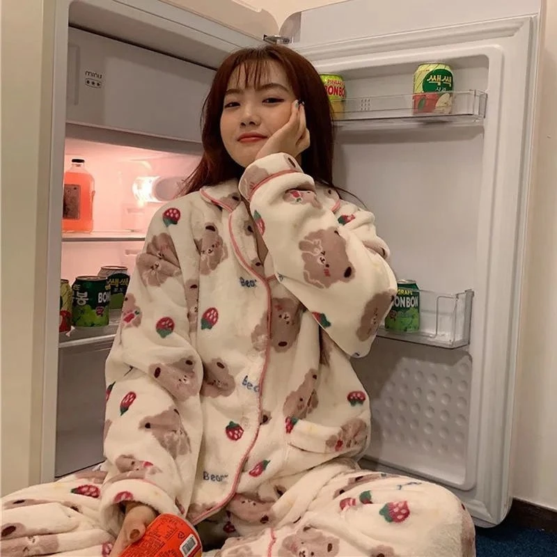 Japanese ins-style Coral Fleece Cartoon Cherry Bear Pajamas Women's Net Red Autumn and Winter Warm Flannel Loungewear Set
Japanese ins-style Coral Fleece Cartoon Cherry Bear Pajamas Women's Net Red Autumn and Winter Warm Flannel Loungewear Set