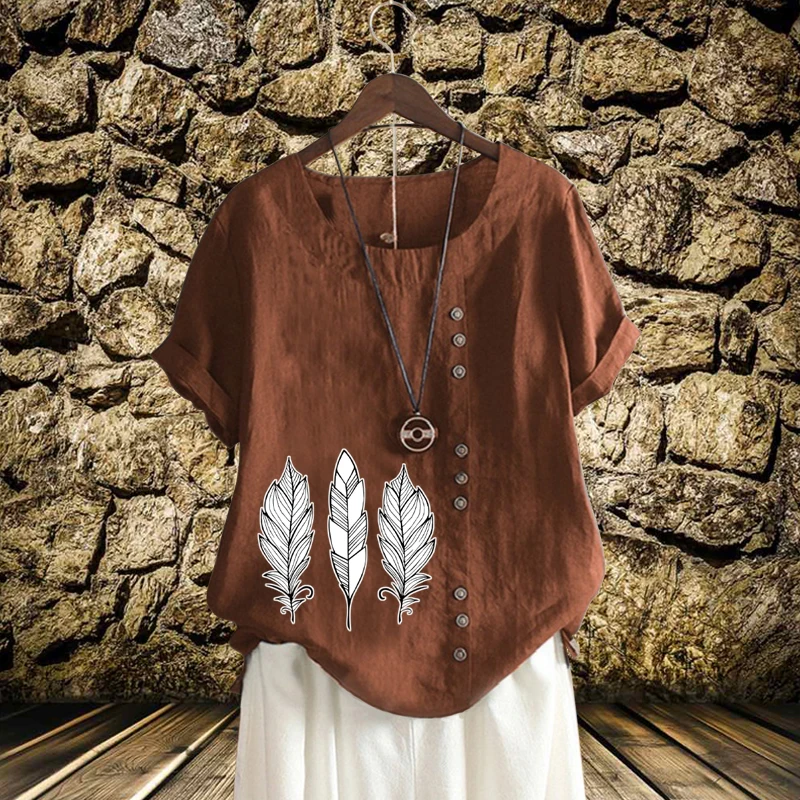 2022 New Arrival Ladies Tops Personality Feather Printed Loose T-Shirt Summer Linen Round Neck Solid Short Sleeve Blouse XS-5XL
2022 New Arrival Ladies Tops Personality Feather Printed Loose T-Shirt Summer Linen Round Neck Solid Short Sleeve Blouse XS-5XL