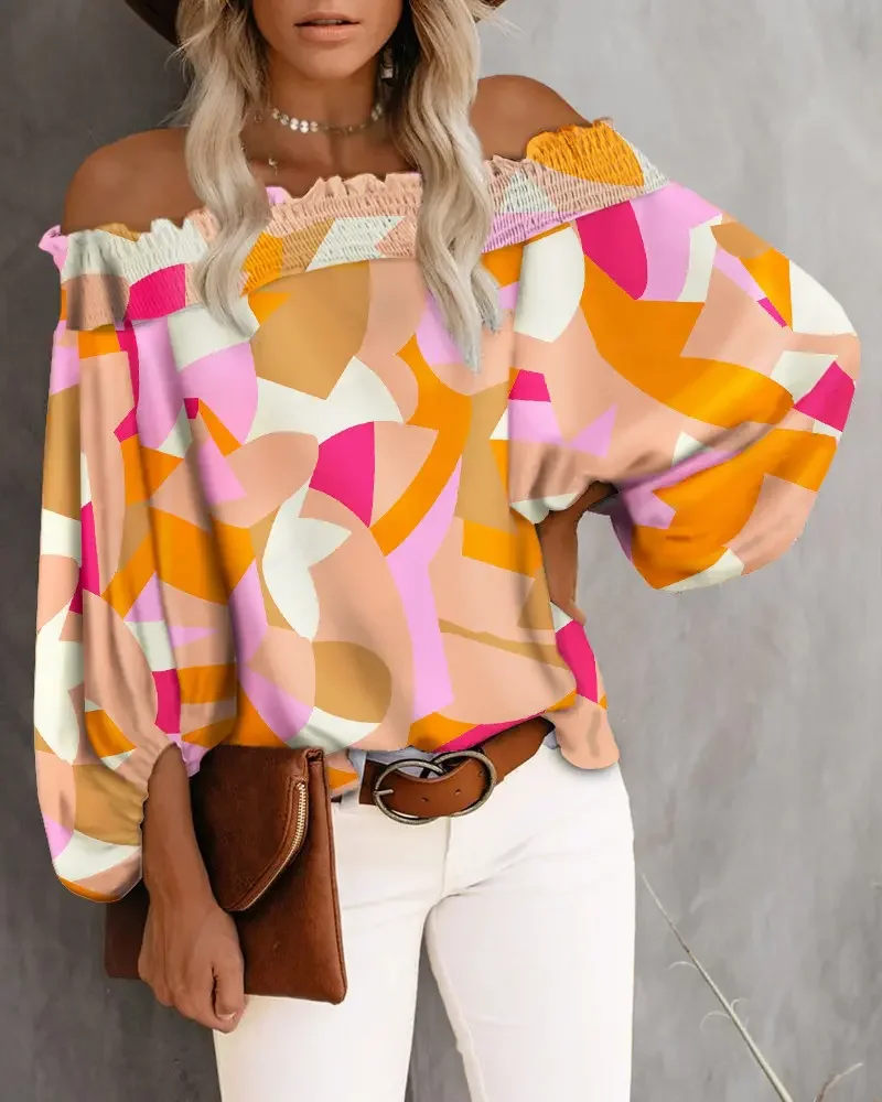 Women Blouse Geo Print Shirred Lantern Sleeve Top Sexy Off Shoulder Long Sleeve Shirt Casual Korean Fashion Streetwear
Women Blouse Geo Print Shirred Lantern Sleeve Top Sexy Off Shoulder Long Sleeve Shirt Casual Korean Fashion Streetwear