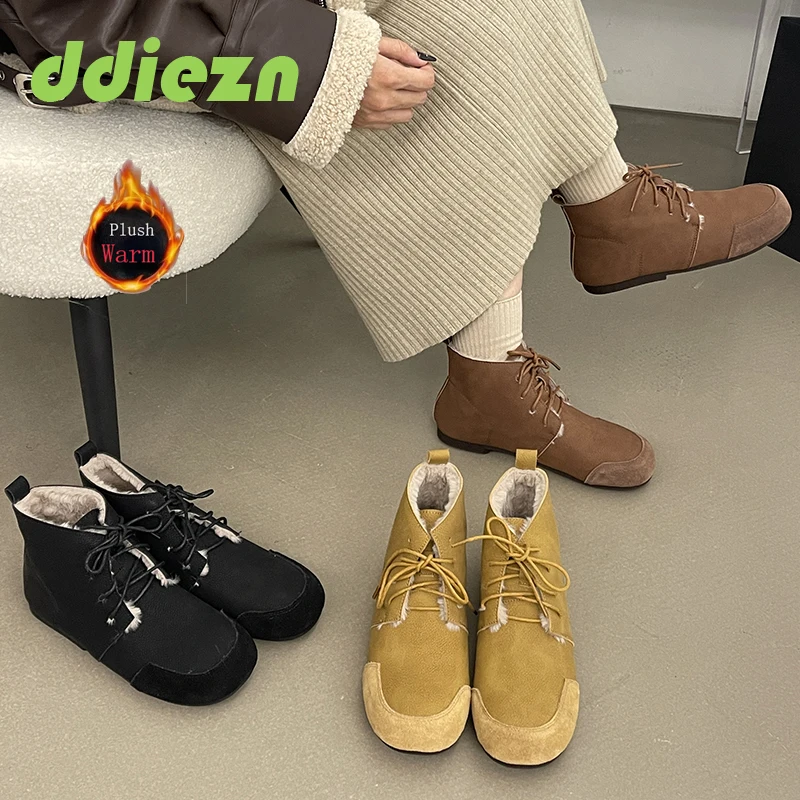 Зимние теплые меховые короткие сапоги, женская обувь на плоской подошве, модная плюшевая женская обувь с круглым носком, 2023, ботинки на шнуровке, женская обувь из флока
Зимние теплые меховые короткие сапоги, женская обувь на плоской подошве, модная плюшевая женская обувь с круглым носком, 2023, ботинки на шнуровке, женская обувь из флока