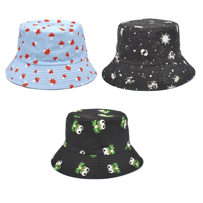 

Cotton Fisherman Hat Unisex Hiphop Bucket Hat Cute Mushroom/Frog/Starry Sky Basin Hat Foldable for Outdoor Sunprotection