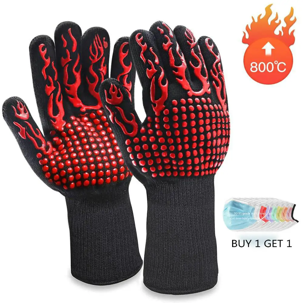 

800 Degrees Celsius High Temperature Resistant Gloves Aramid Cotton Silicone BBQ Grill 1472 F Fire Gloves