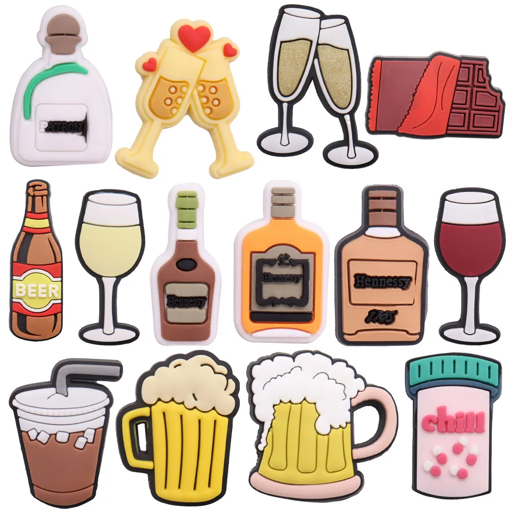 

1-14Pcs Drink Beer Chocalate Red Wine Mile Tea Champagne PVC Shoe Charms Decorations Clog Fit Wristbands Sandals Croc Jibz