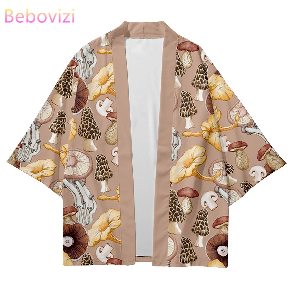 

Trendy 2022 Plus Size XXS-6XL Mushroom Print Japanese Kimono Robe Cardigan Men Shirts Yukata Haori Women's national style