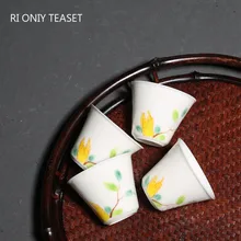 1 Pc Chinese Handmade Ceramic Tea Cup Hand Painted Leaves Pattern White Porcelain Tea Bowl Meditation Teacup Tea Set 35ml