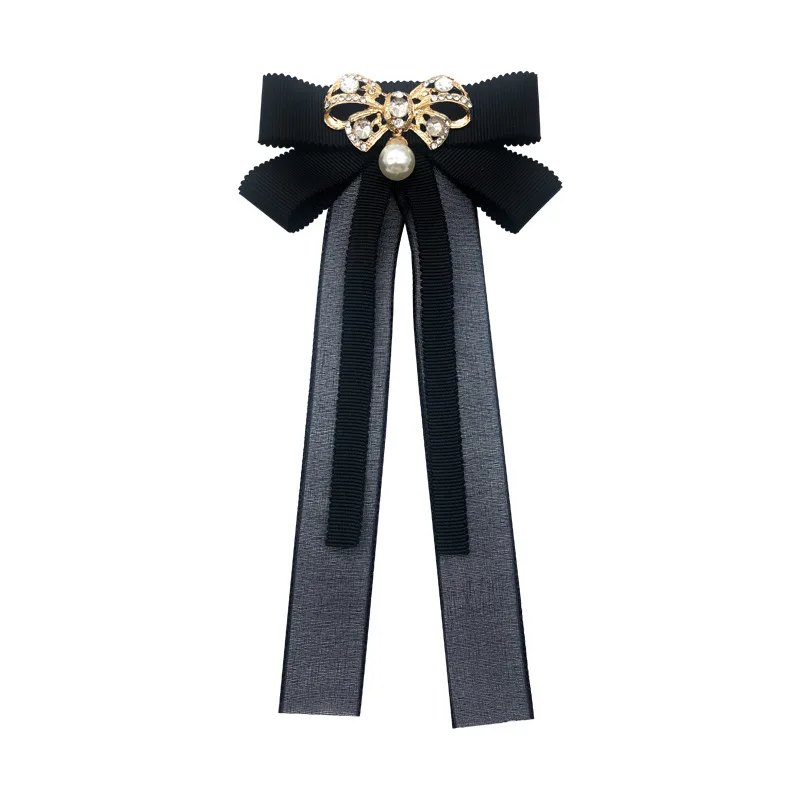

New Fabric Pearl Bow Tie Brooch Crystal Bowknot Lapel Pin Shirt Tie Cravat Collar Pins Brooches Jewelry for Women Accessories