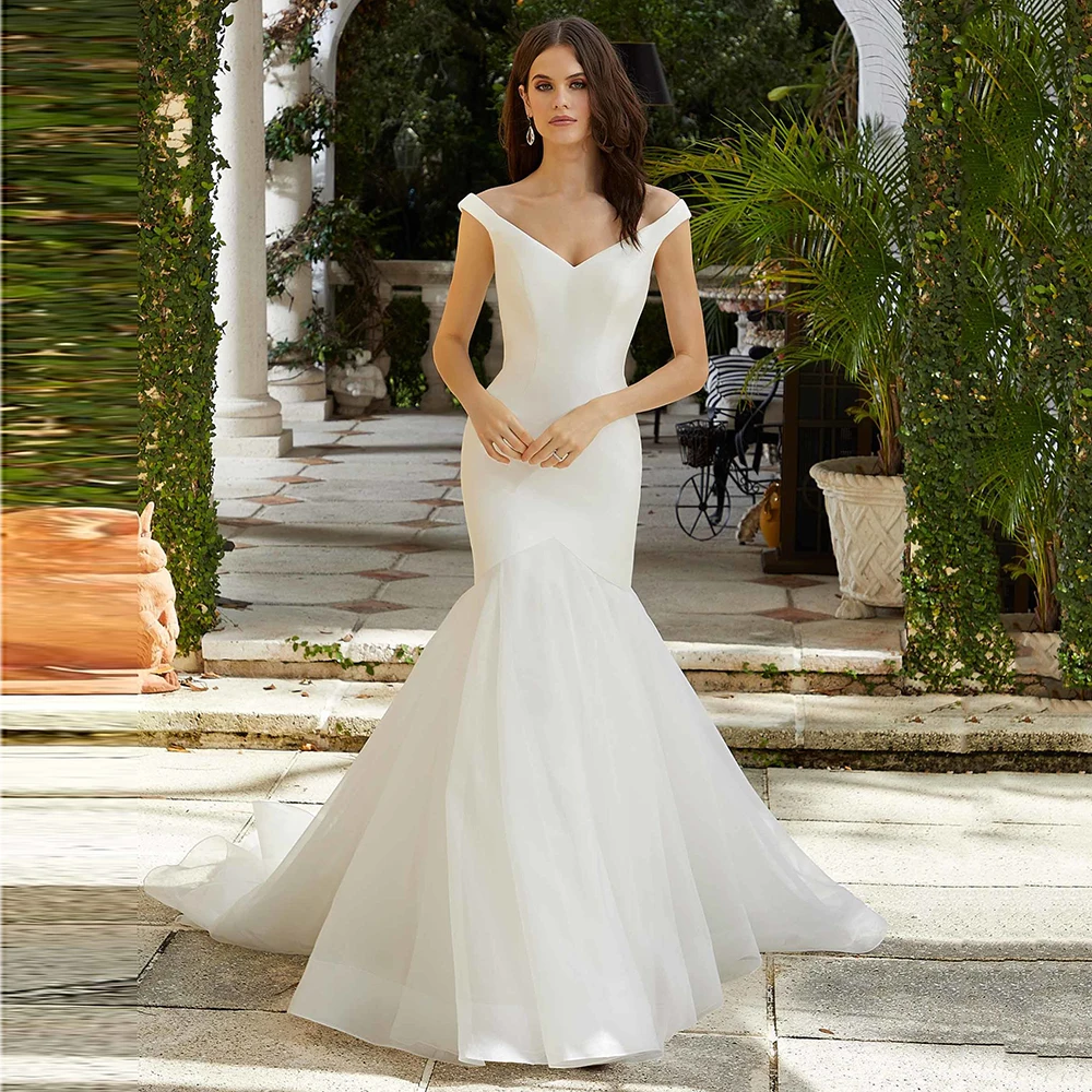 Off The Shoulder Mermaid Wedding Dresses V Neck Satin Bridal Gowns Backless Court Train Robe De Mariée Custom Made
Off The Shoulder Mermaid Wedding Dresses V Neck Satin Bridal Gowns Backless Court Train Robe De Mariée Custom Made
