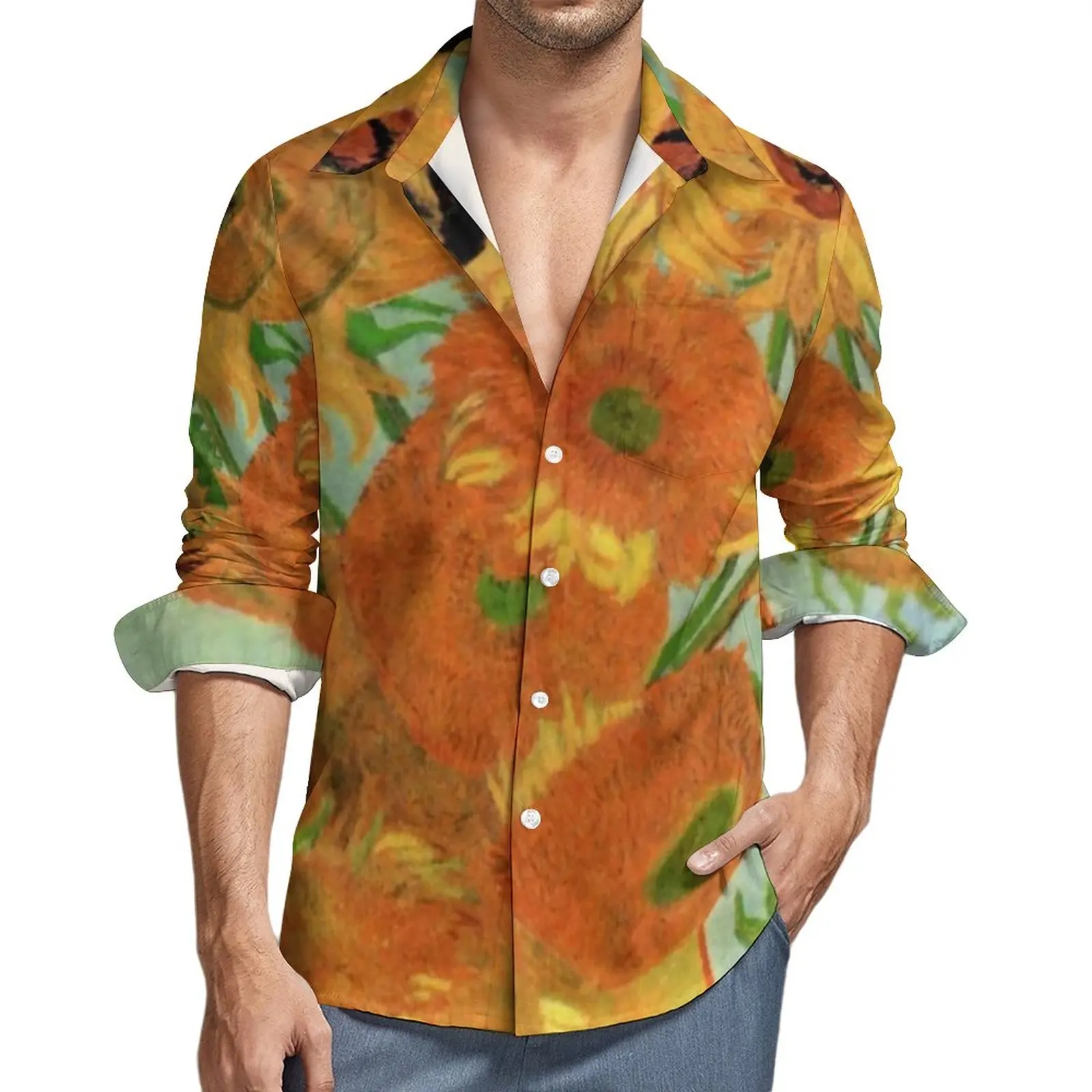 

Vase With Sunflower Shirt Male Sunflowers by Vincent Van Gogh Casual Shirts Y2K Blouses Long Sleeve Vintage Oversized Clothes