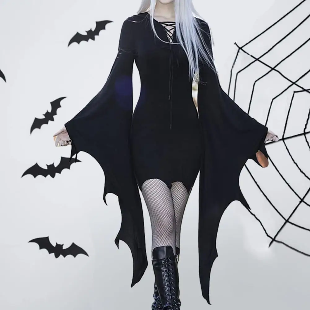 

Flared Hem Dress Dark Style Halloween Dress with Batwing Sleeves Irregular Cuff Lace-up Detail Slim Fit Cosplay for Party