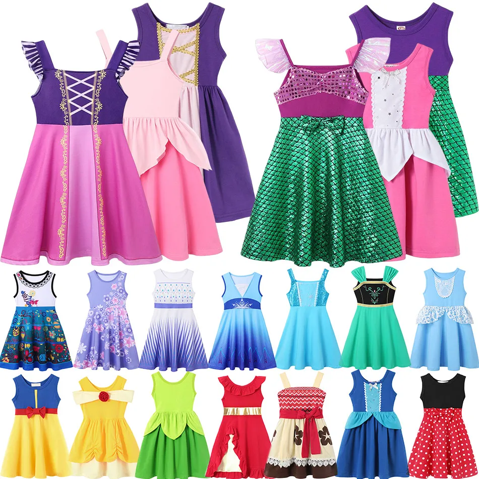 

DISNEY Girls Princess Style Summer Vest Dress Cotton Knee Length Sundress Toddler Elsa Anna Ariel Rapunzel Role Play Cliothing