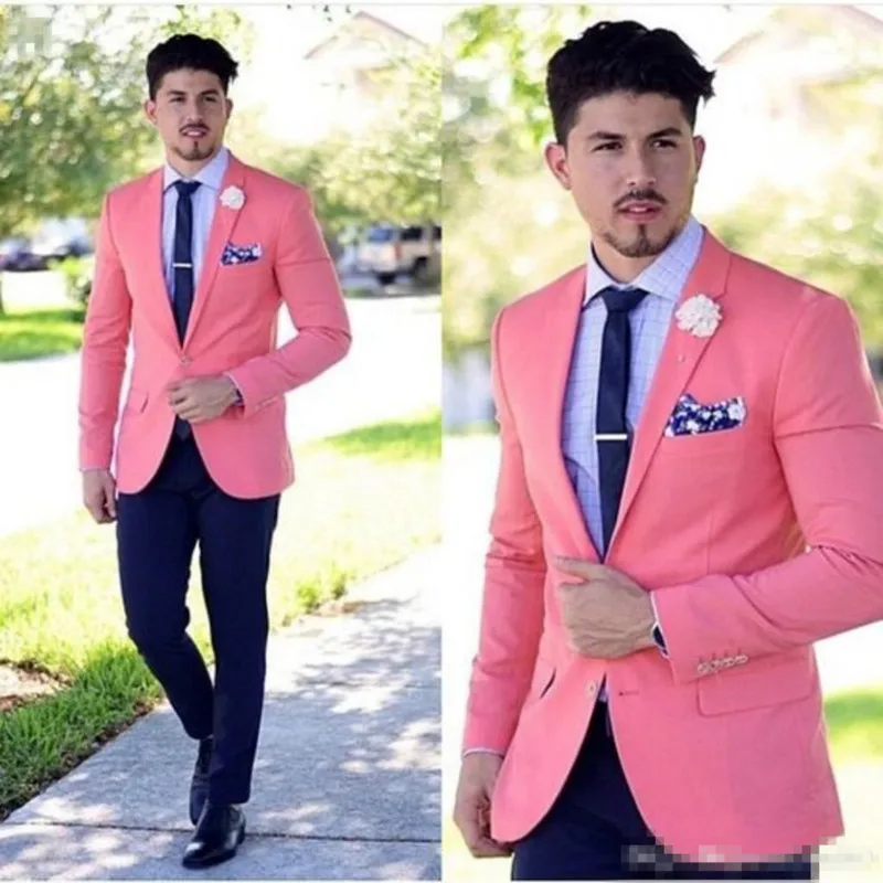 

Handsome Bridegroom Men Suit Set Slim Fit Best Man Groom Tuxedos Prom Wedding Groomsmen Suits Casual Pink Blazers (Jacket+Pants)