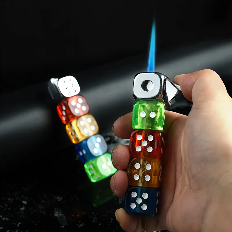 

New Dice Blue Flame Windproof Lighter Refillable Butane Torch Lighter Creative Body LED Flashing Cute Gift Cigarette Accessories