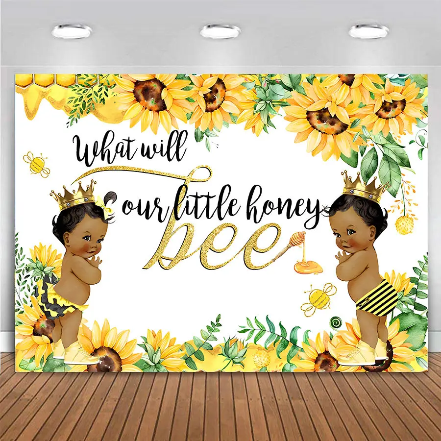 

What Will Little Honey Bee Backdrop Gender Reveal Party for Baby Shower Boy or Girl Sunflower Background Photo Table Banner Pro