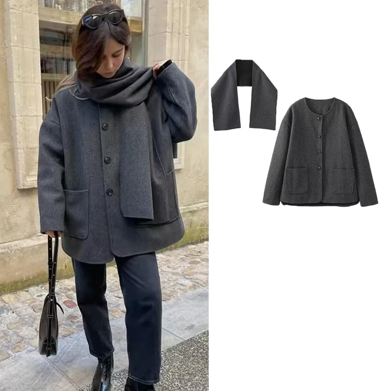 TRAF Scarf Collar Jacket Woman Autumn Woolen Pockets Single Breasted Pocket Coats 2023 Loose Casual Fashion Lady Office Coat
TRAF Scarf Collar Jacket Woman Autumn Woolen Pockets Single Breasted Pocket Coats 2023 Loose Casual Fashion Lady Office Coat