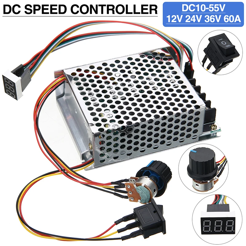 Regulating Current DC Speed Controller DC10-55V 12V 24V 36V 60A PWM Motor Speed Controller CW CCW Reversible Switch
Regulating Current DC Speed Controller DC10-55V 12V 24V 36V 60A PWM Motor Speed Controller CW CCW Reversible Switch