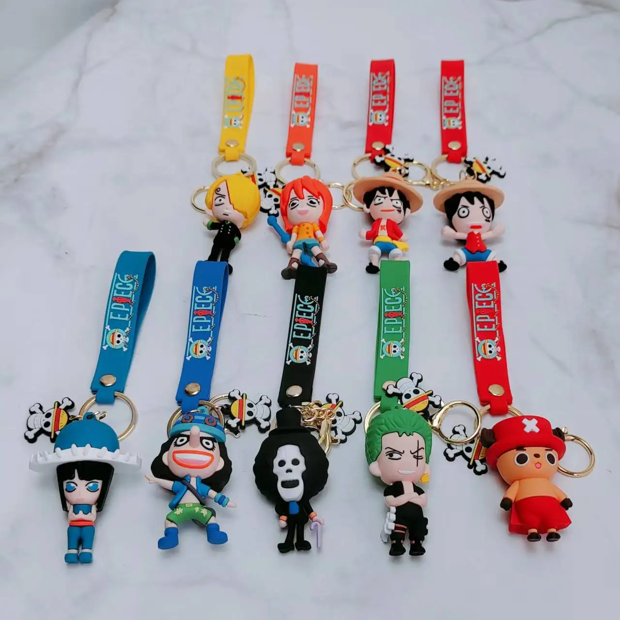 

Anime One Piece Sanji Nami Usopp Garage Keychain Luffy Thorne Chopper Queen Doll Key Chain Pendant Gift