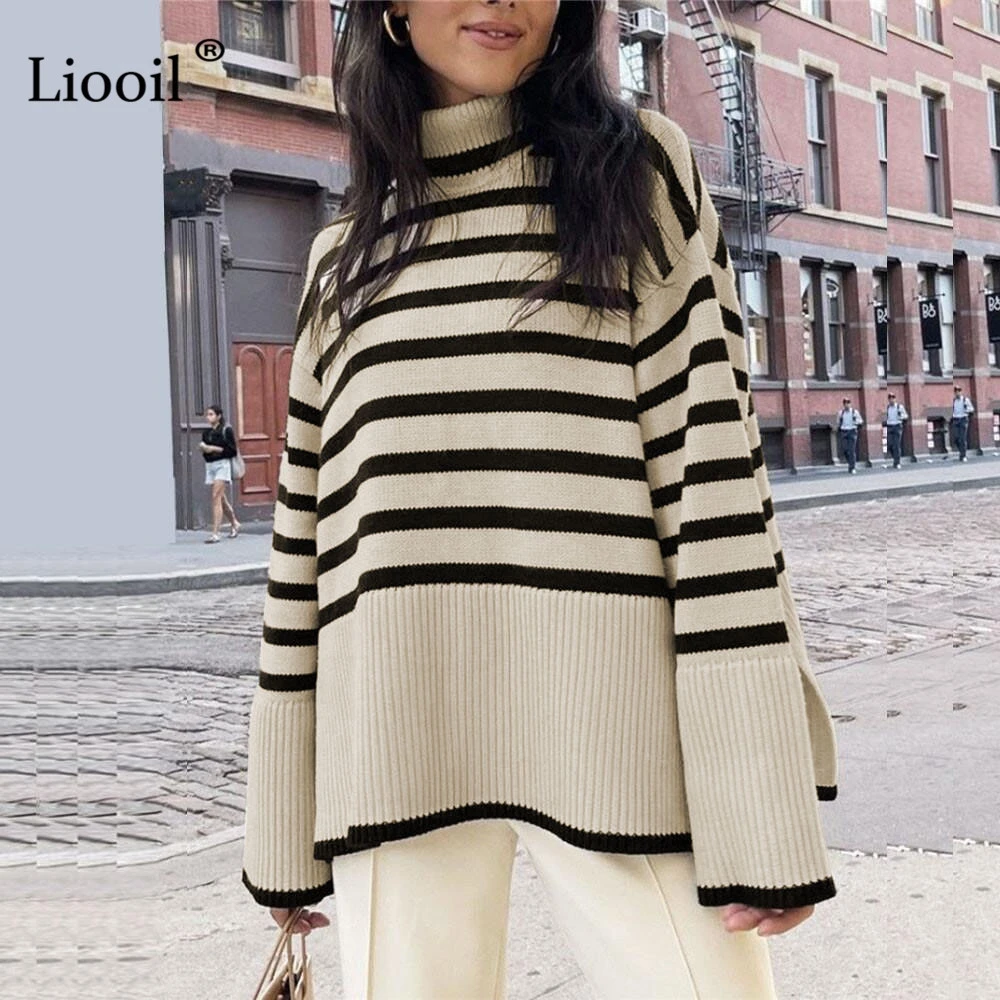 Black And White Stripe Sweater Streetwear Loose Tops Women Pullover Female Jumper Long Sleeve Turtleneck Knitted Ribbed Sweaters 
Black And White Stripe Sweater Streetwear Loose Tops Women Pullover Female Jumper Long Sleeve Turtleneck Knitted Ribbed Sweaters