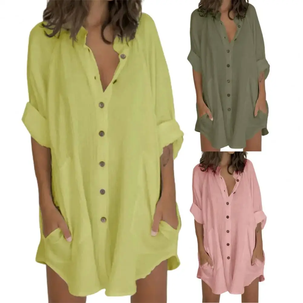 Mini Dress Stand Collar Breathable Above Knee Solid Color Buttons Shirt Dress Shirt Dress for Daily Wear
Mini Dress Stand Collar Breathable Above Knee Solid Color Buttons Shirt Dress Shirt Dress for Daily Wear