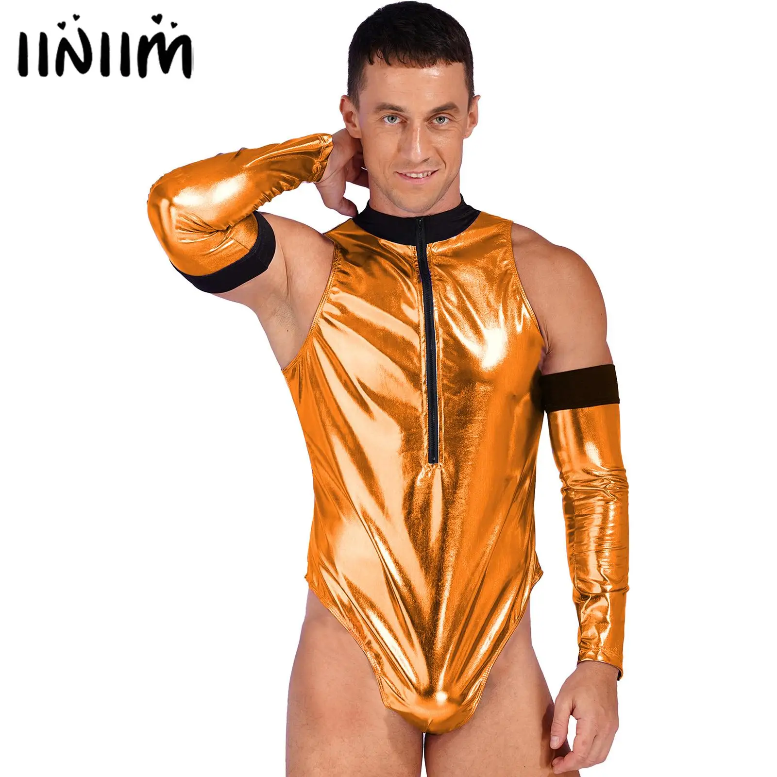 Mens Cosplay Costume Outfits Shiny Patent Leather Sleeveless Bodysuit Zipper Mock Neck Catsuit with Gloves Rave Party Clubwear
Mens Cosplay Costume Outfits Shiny Patent Leather Sleeveless Bodysuit Zipper Mock Neck Catsuit with Gloves Rave Party Clubwear