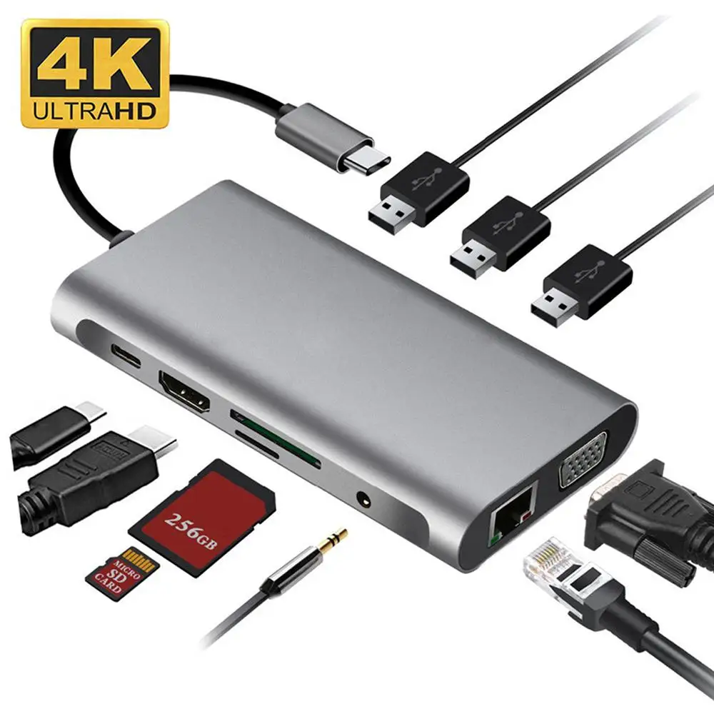 

USB Type C HubTo 4K VGA Adapter RJ45 1000M Lan Ethernet SD TF PD USB3.0 3.5mm Jack Audio Video For MacBook OTG