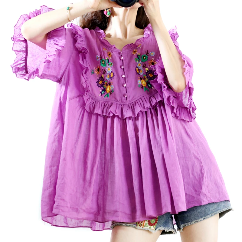 Summer Women Oversized Purple Bohemian Mori Kei Girl Embroidered Ruffled Natural Breathable See-through Thin Ramie Shirt/Blouses
Summer Women Oversized Purple Bohemian Mori Kei Girl Embroidered Ruffled Natural Breathable See-through Thin Ramie Shirt/Blouses