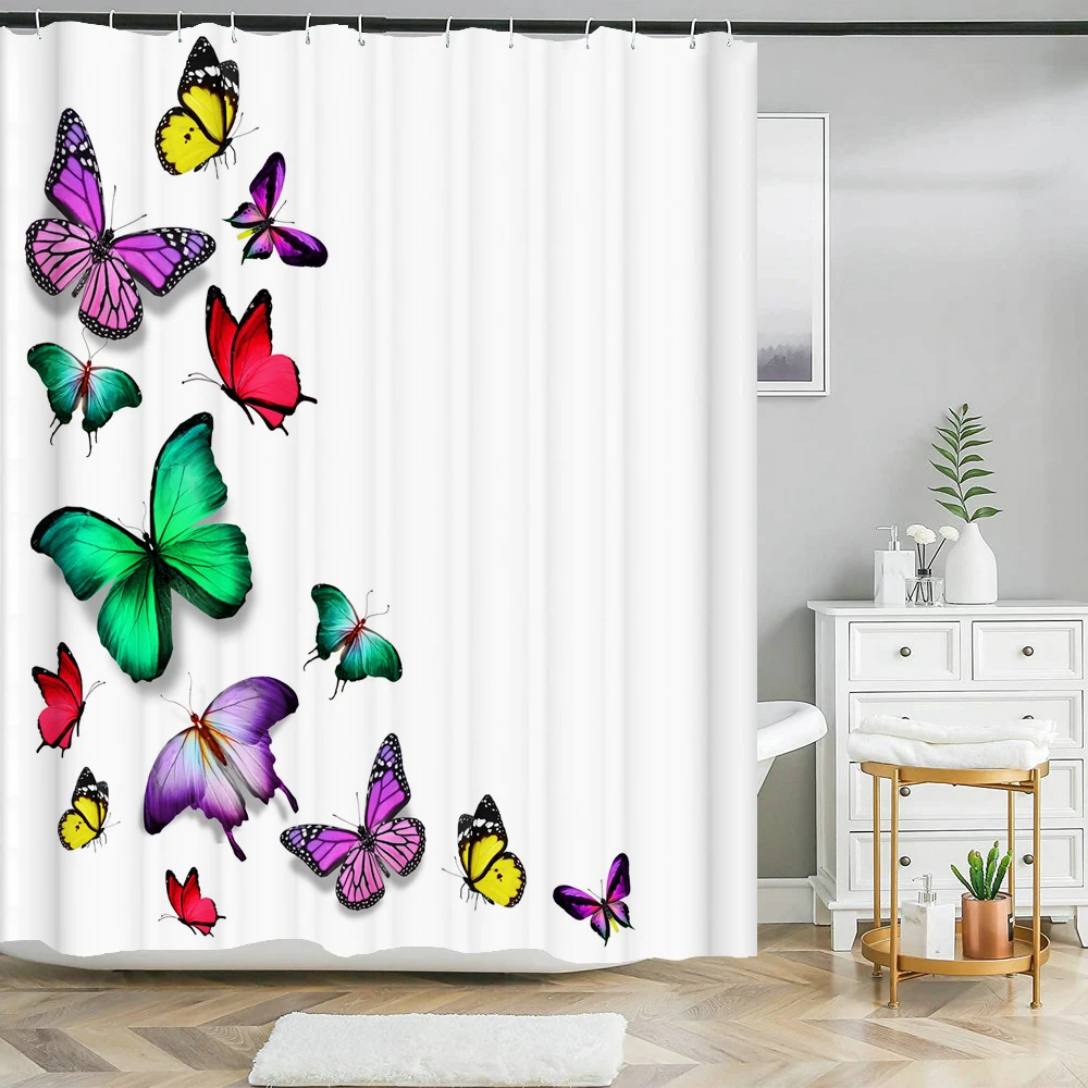 

Beautiful Butterfly Shower Curtain Colorful Flower Waterproof Bathroom Curtain for Bathtub Decoration with Hooks 180x200cm