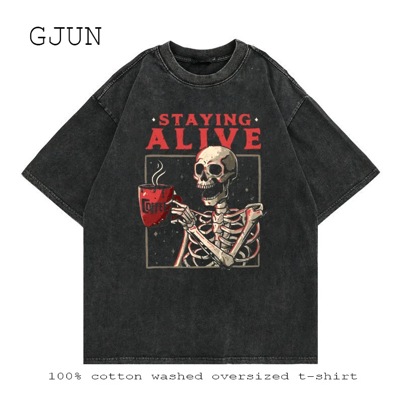 

Women Harajuku Tshirt Staying Alive Print Short Sleeve Tees Oversized Tops Summer Casual Coffee Skeleton T-Shirts Female Clothes