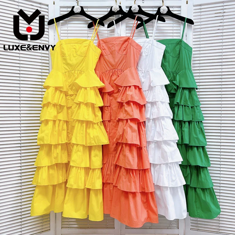 

LUXE&ENVY Strap Bra Waist Layer Cake Lotus Leaf Dress Long Dress Summer 2023 Summer