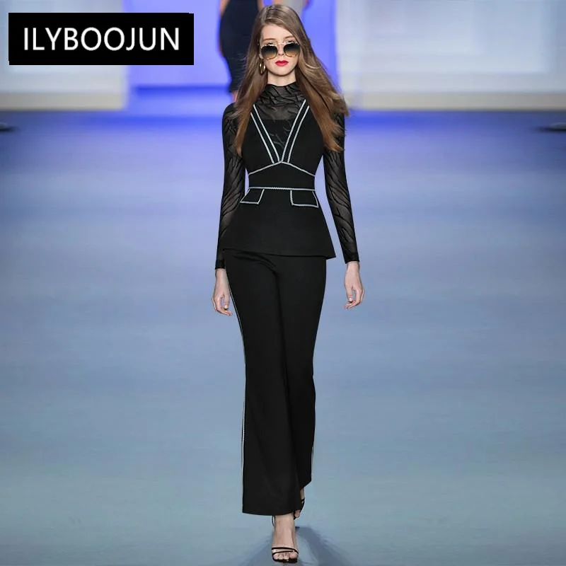 Fashion Runway Designer Autumn Black Pants Set Women's Mesh Long sleeve Ruffle Tops and Pants Two Pieces Set
Fashion Runway Designer Autumn Black Pants Set Women's Mesh Long sleeve Ruffle Tops and Pants Two Pieces Set