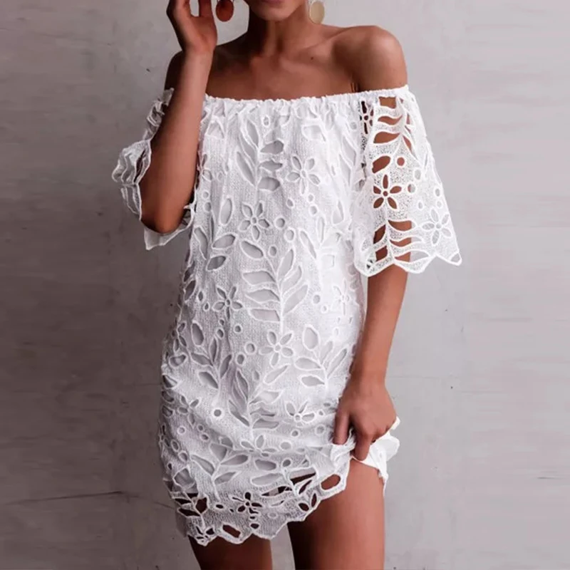 Women Off Shoulder Short Sleeve Party White Sundress Sexy Fashion Summer Lace Crochet Dress Boat Neck Hollow Out Vestido Boho
Women Off Shoulder Short Sleeve Party White Sundress Sexy Fashion Summer Lace Crochet Dress Boat Neck Hollow Out Vestido Boho