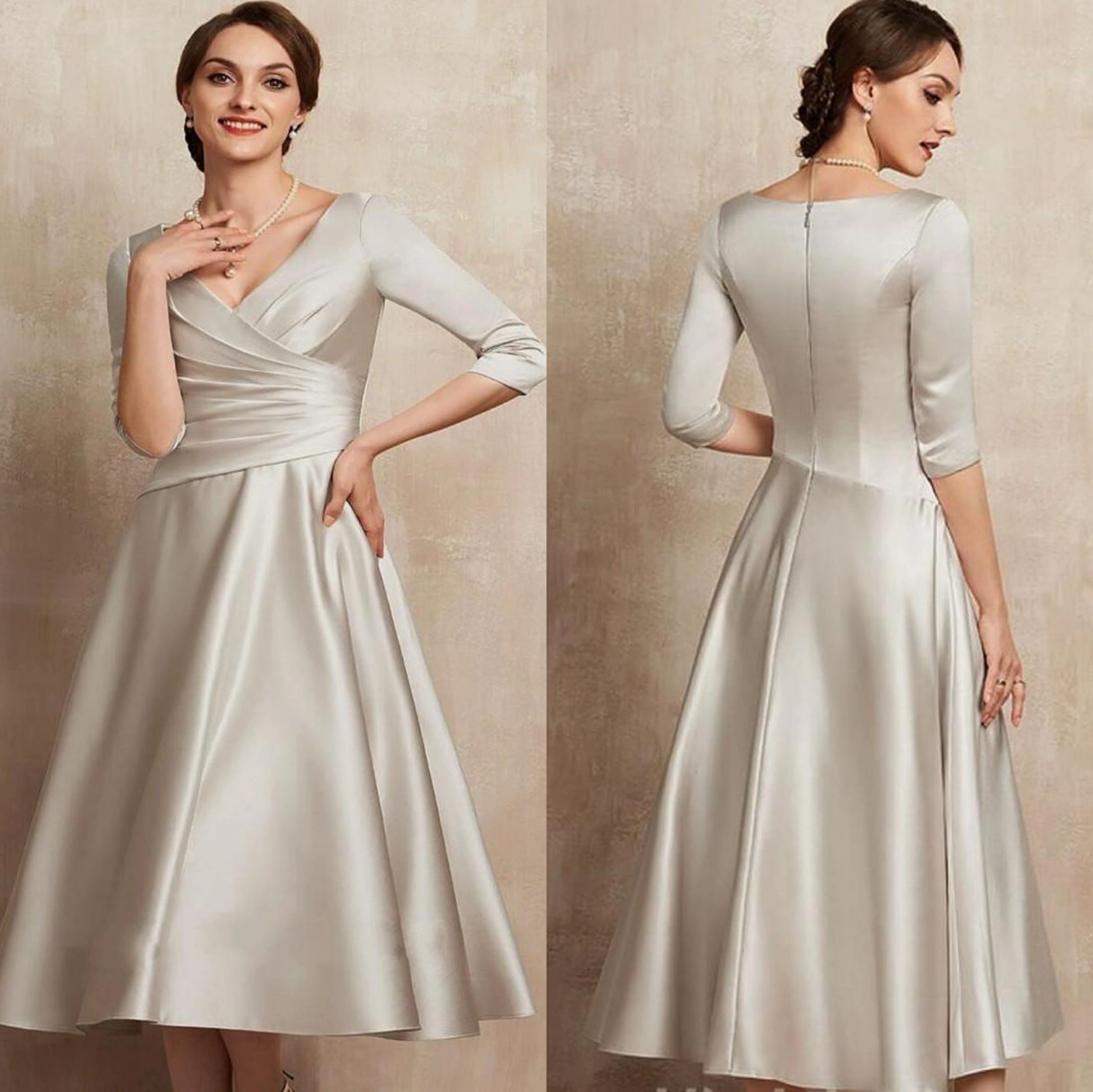 Champagne Mother Of The Bride Dresses Half Sleeves V-neck Tea- Length Pleats Ruffles Satin Bridal Party Evening Prom Gown Plus S
Champagne Mother Of The Bride Dresses Half Sleeves V-neck Tea- Length Pleats Ruffles Satin Bridal Party Evening Prom Gown Plus S