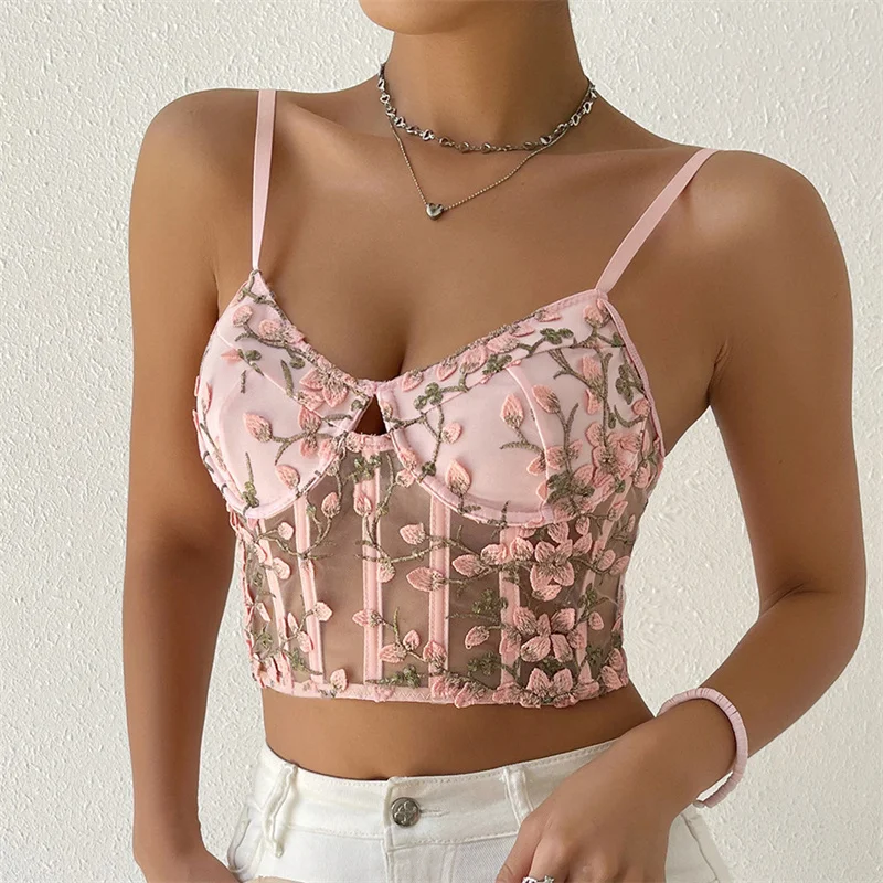 

Women Floral Embroidered Corset Tops Sexy y2k Lace Up V Neck Strap Crop Tank Top Sleeveless Mesh Cami Vest Camisole Bustier Tops