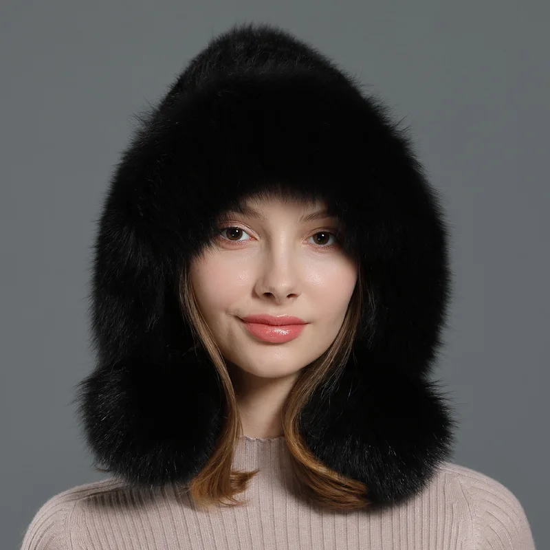 

Luxury Real Mink Fur Bomber Hats Women Female Fox Fur Ball Earmuffs Hat Knitted Fashion Warm Pompom Ear Protection Caps 2023 New