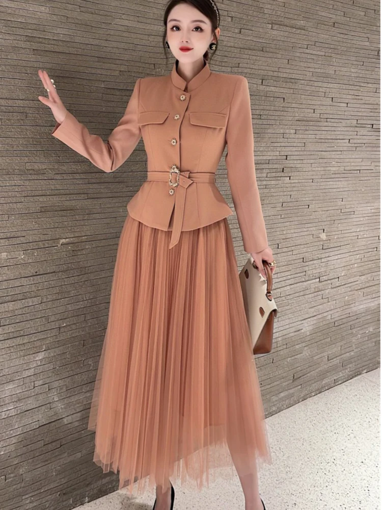 ZJYT Elegant Autumn Long Sleeve Blazer Skirt Set Office Womens Outfits Fashion Stand Neck Lace Up Jacket Party Dress Suits
ZJYT Elegant Autumn Long Sleeve Blazer Skirt Set Office Womens Outfits Fashion Stand Neck Lace Up Jacket Party Dress Suits