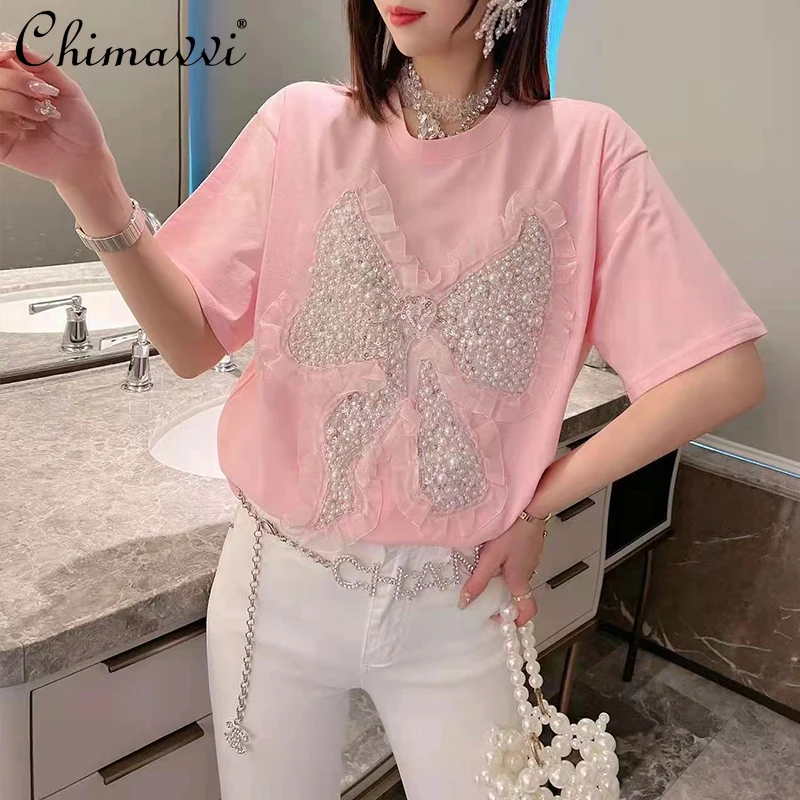 Women's Short-Sleeved T-shirt 2022 Summer Clothes New Korean Fashion Sweet Heavy Beads Bow Slimming Versatile Loose Top 
Women's Short-Sleeved T-shirt 2022 Summer Clothes New Korean Fashion Sweet Heavy Beads Bow Slimming Versatile Loose Top