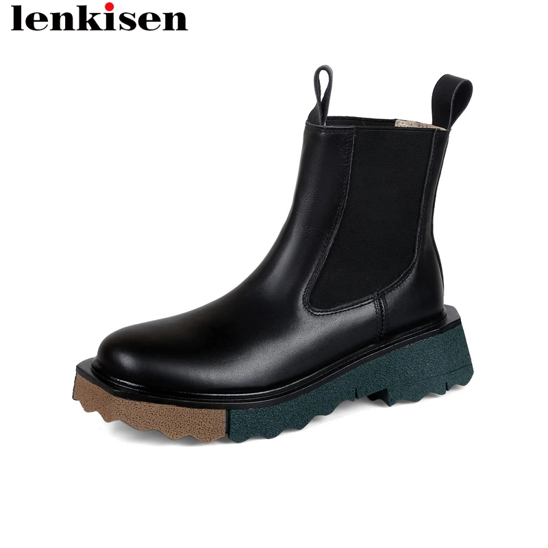 

Lenkisen Big Size Cow Leather Brand Winter Shoes Round Toe Med Heels Chelsea Boots Slip On Platform Non-slip Runway Ankle Boots